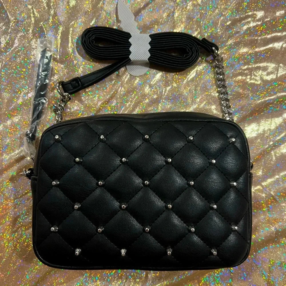 NWT Rebecca Minkoff Diamond Quilt Studded top zip crossbody, black w/silver NWT